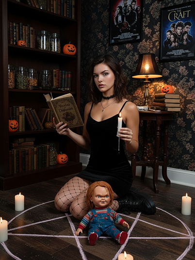 imagen original y una imagen de efecto que muestra a una niña sosteniendo una vela y un libro con un espeluznante muñeco Chucky a su lado