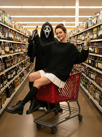 a girl holding a bottle of red wine, sitting in a shopping cart, and strolling through the supermarket with Ghostface