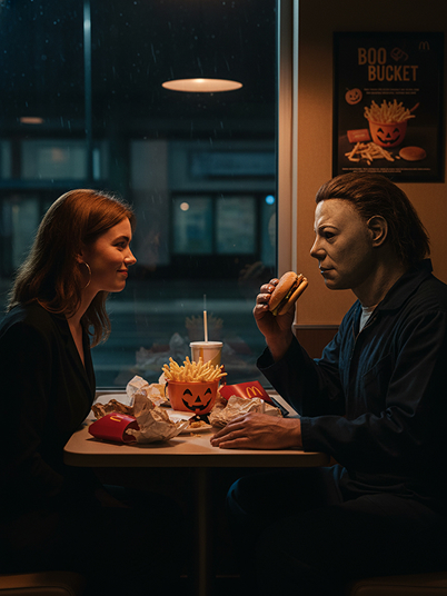 a girl eating McDonald's with Michael Myers