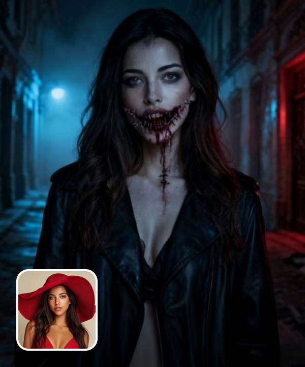 original image and horrifying slit-mouthed woman filter effect