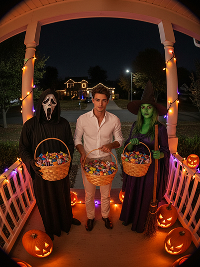 imagen original y una imagen de efecto de Halloween que muestra un juego de truco o trato con un Ghostface y una bruja