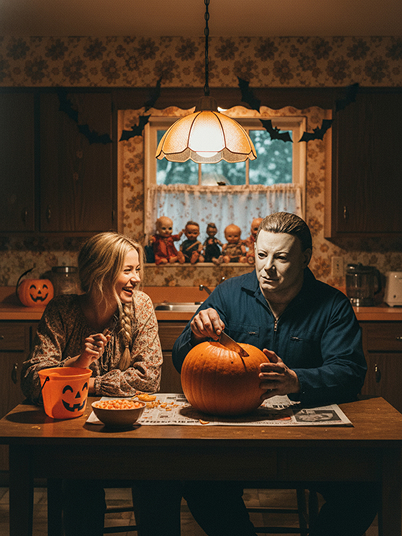 a woman making jack-o'-lanterns in the kitchen with Michael Myers