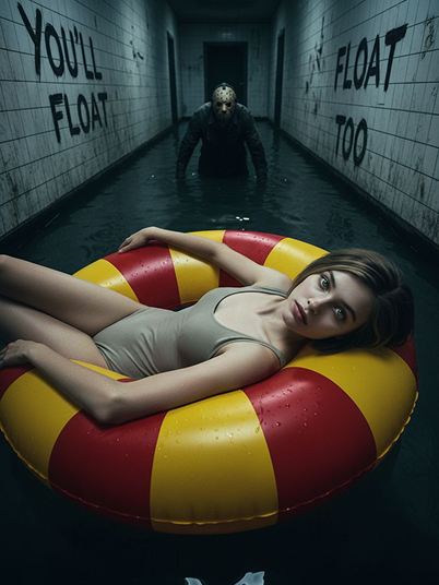 a girl relaxing calmly on a huge inflatable swimming ring with red and yellow stripes with Jason Voorhees behind her