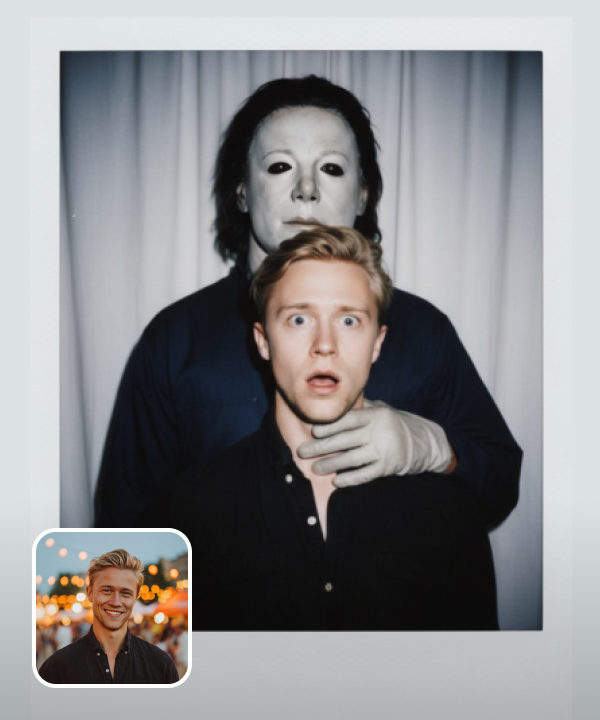 original image and a Halloween effect of a Polaroid portrait with Michael Myers