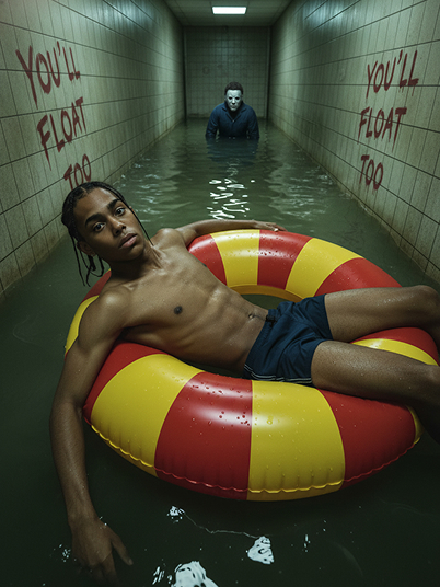 a man relaxing calmly on a huge inflatable swimming ring with red and yellow stripes with Michael Myers behind her