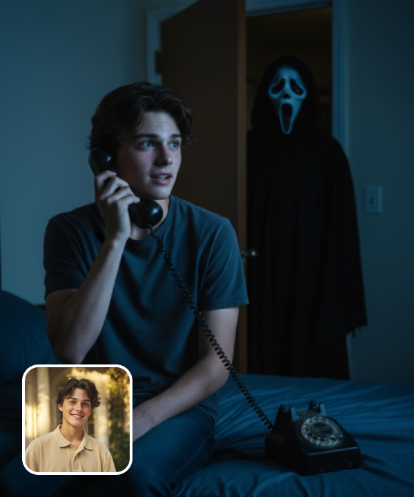 original image and effect image with a horror Halloween Ghostface 