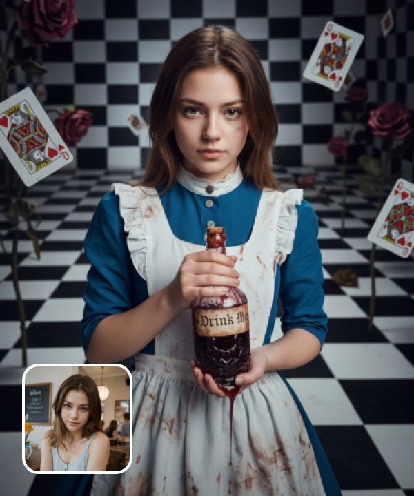 original image and dark fairy-tale Alice filter effect