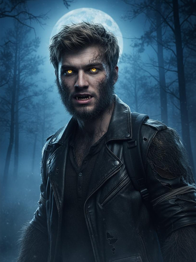 original image and werewolf filter effect with a forest and a bright moon in the background