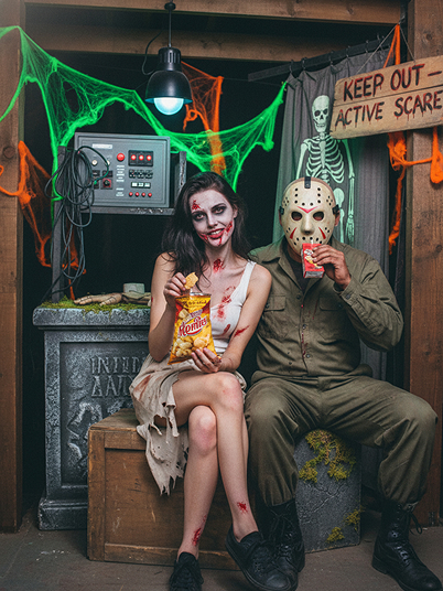 a terrifying female zombie and Jason Voorhees lurk in the backstage area of the haunted house
