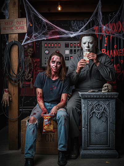 a terrifying female zombie and Michael Myers lurk in the backstage area of the haunted house