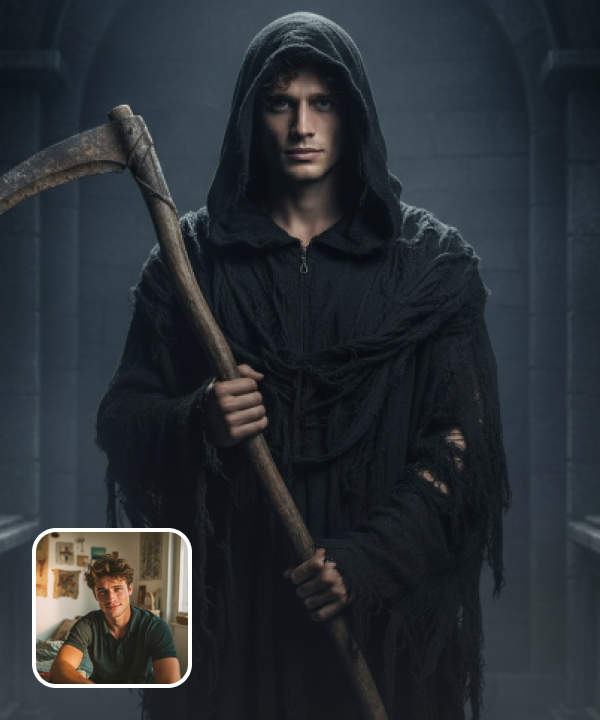 original image and grim reaper filter effect with a weathered scythe in hand