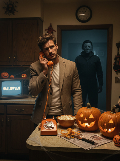 original image and effect image showing a man is on the phone, with Michael Myers standing behind him