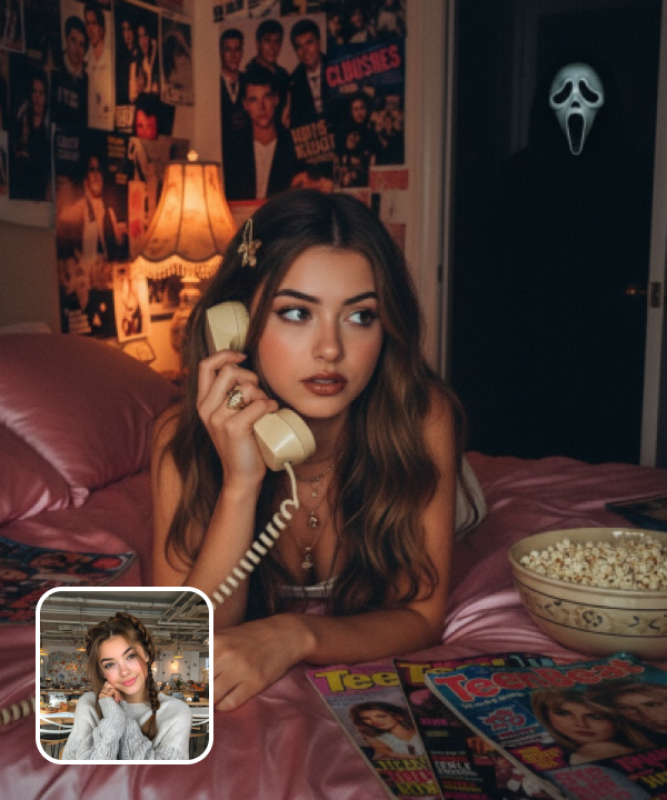 original image and dreamy Halloween effect with a ghost face figure