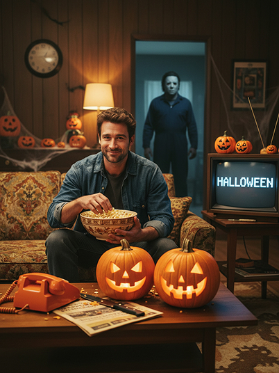 original image and effect image showing a man eating popcorn on the couch with Michael Myers standing behind him