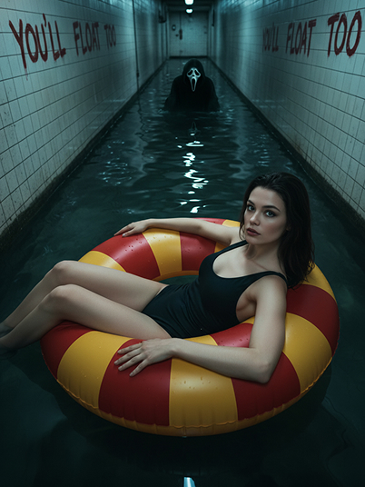 a girl relaxing calmly on a huge inflatable swimming ring with red and yellow stripes with a ghostface behind her