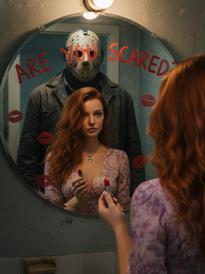 original image and effect image showing a woman holding lipstick standing before the mirror alongside Jason Voorhee