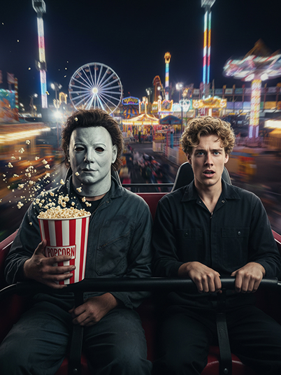 original image and a Halloween effect showing the man riding the roller coaster with Michael Myers