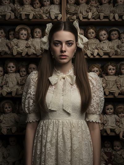 original image and a Halloween effect with dozens of creepy dolls in the background