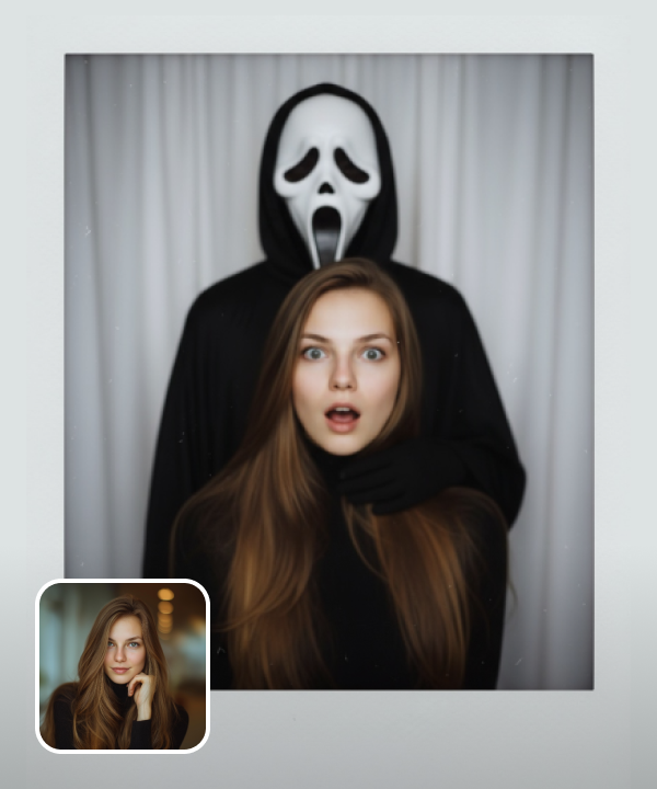 original image and a Halloween effect of a Polaroid portrait with Ghostface