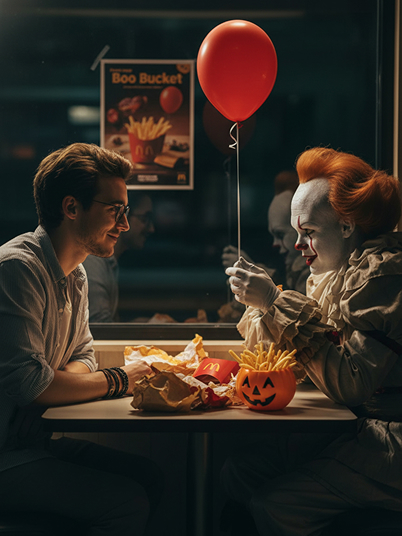 a man eating McDonald's with a spooky clown