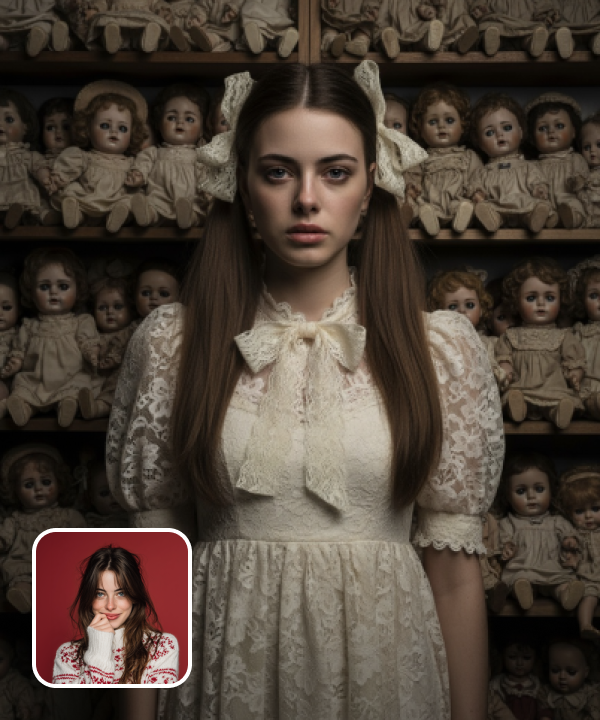 original image and a Halloween effect with dozens of creepy dolls in the background
