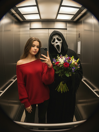 original image and effect image showing a girl taking a selfie with Ghostface in the elevator