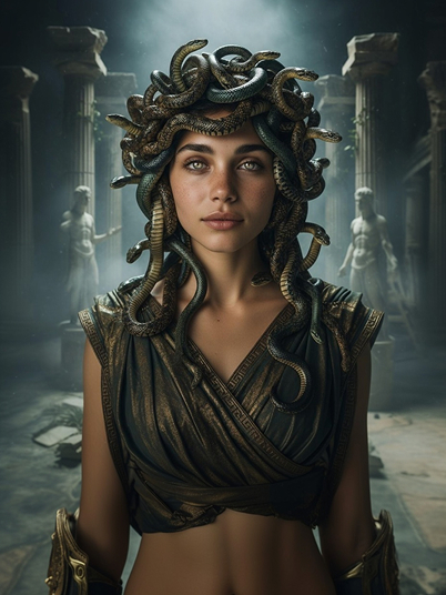 original image and Medusa filter effect with a templa e in the background