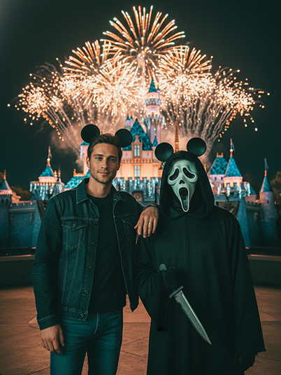 a man Mickey Mouse ears watching the fireworks show at Disney with Ghostface