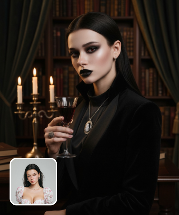 original image and Gothic nobleman effect holding a wine glass
