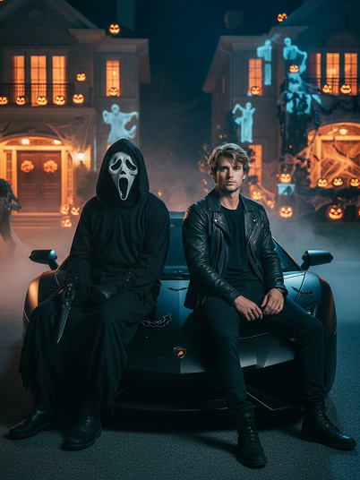 original image and a photo with the ghostface sitting in the sports car