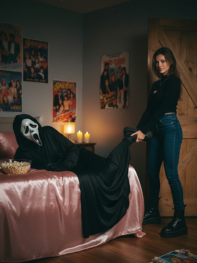 imagen original e imagen de efecto de Halloween que representa a una niña arrastrando un Ghostfaceimagen original e imagen de efecto de Halloween que representa a una niña arrastrando un Ghostface