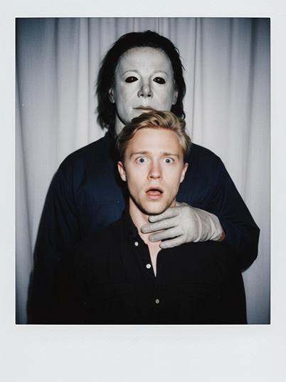 original image and a Halloween effect of a Polaroid portrait with Michael Myers
