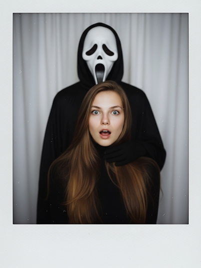 original image and a Halloween effect of a Polaroid portrait with Ghostface