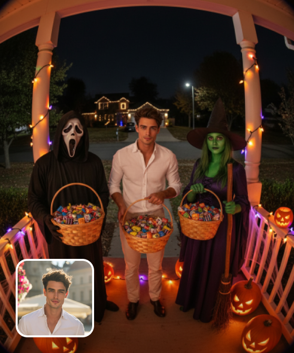 original image and a Halloween effect image showing a trick-or-treat game with a Ghostface and a witch