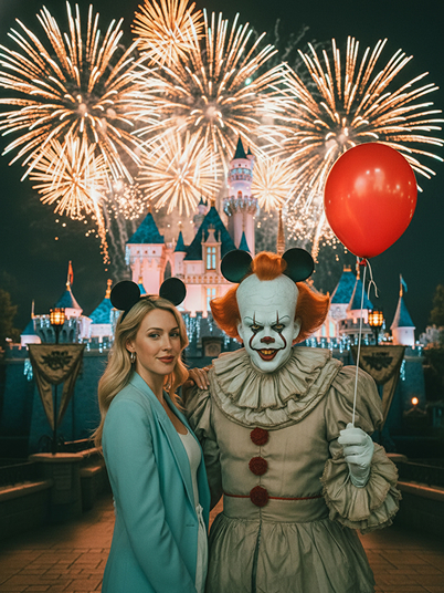 a girl with Mickey Mouse ears watching the fireworks show at Disney with clown