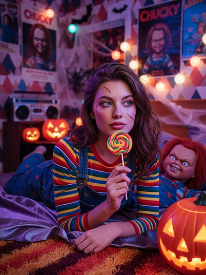 imagen original e imagen de efecto que muestra a una niña sosteniendo una piruleta con un extraño muñeco Chucky al lado de ellaimagen original e imagen de efecto que muestra a una niña sosteniendo una piruleta con un extraño muñeco Chucky a su lado