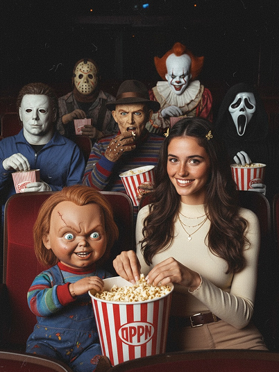 Imagen original y un efecto granulado al estilo de los 90 que muestra a una niña compartiendo palomitas de maíz con seis personajes de películas de terror