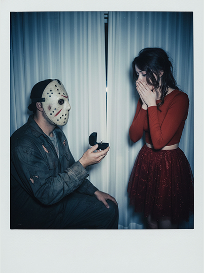 original image and effect image showing a man dressed as Jason Voorhees is proposing to a young girl